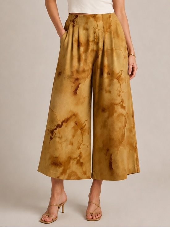 OAK + FORT Pants - OAK + FORT Wide-Leg Tie-Dye Culotte Pants in Mustard Brown Sz Large Goblincore